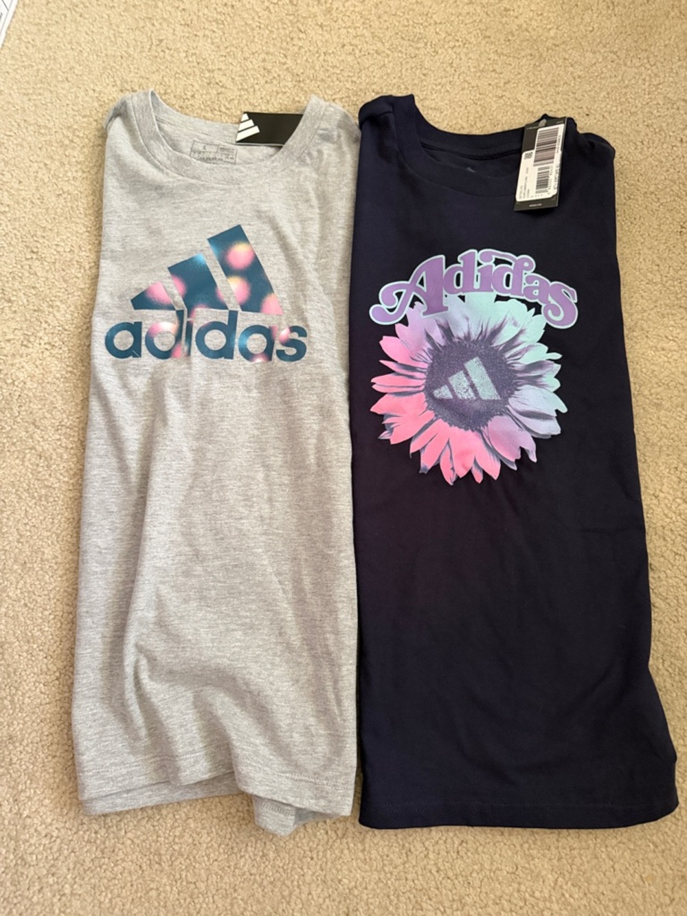 adidas Two-Pack Graphic Tees in Navy and Heather Gray NWT women’s size L